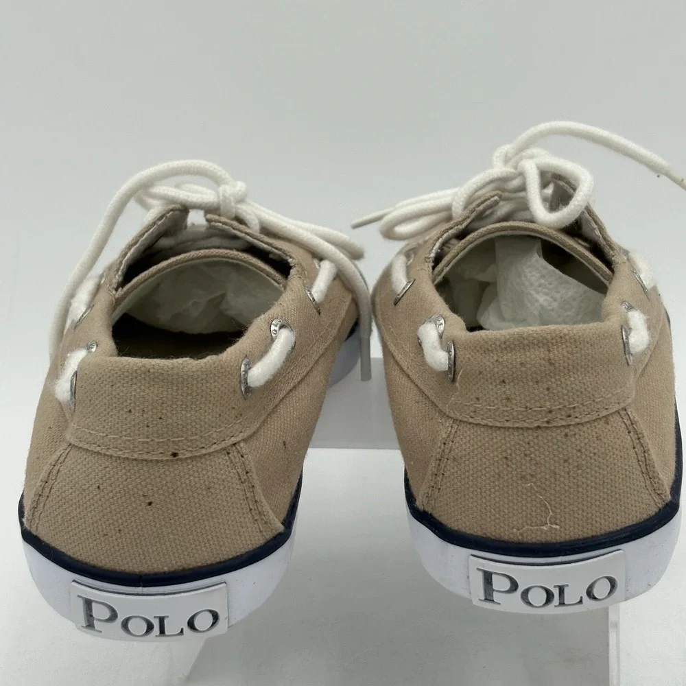 Polo Ralph Lauren Boys Tan Canvas Boat Shoes Size 2 Lace School‎ EUC